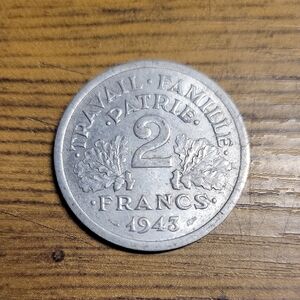 Vintage 1943 French 2 Francs Coin